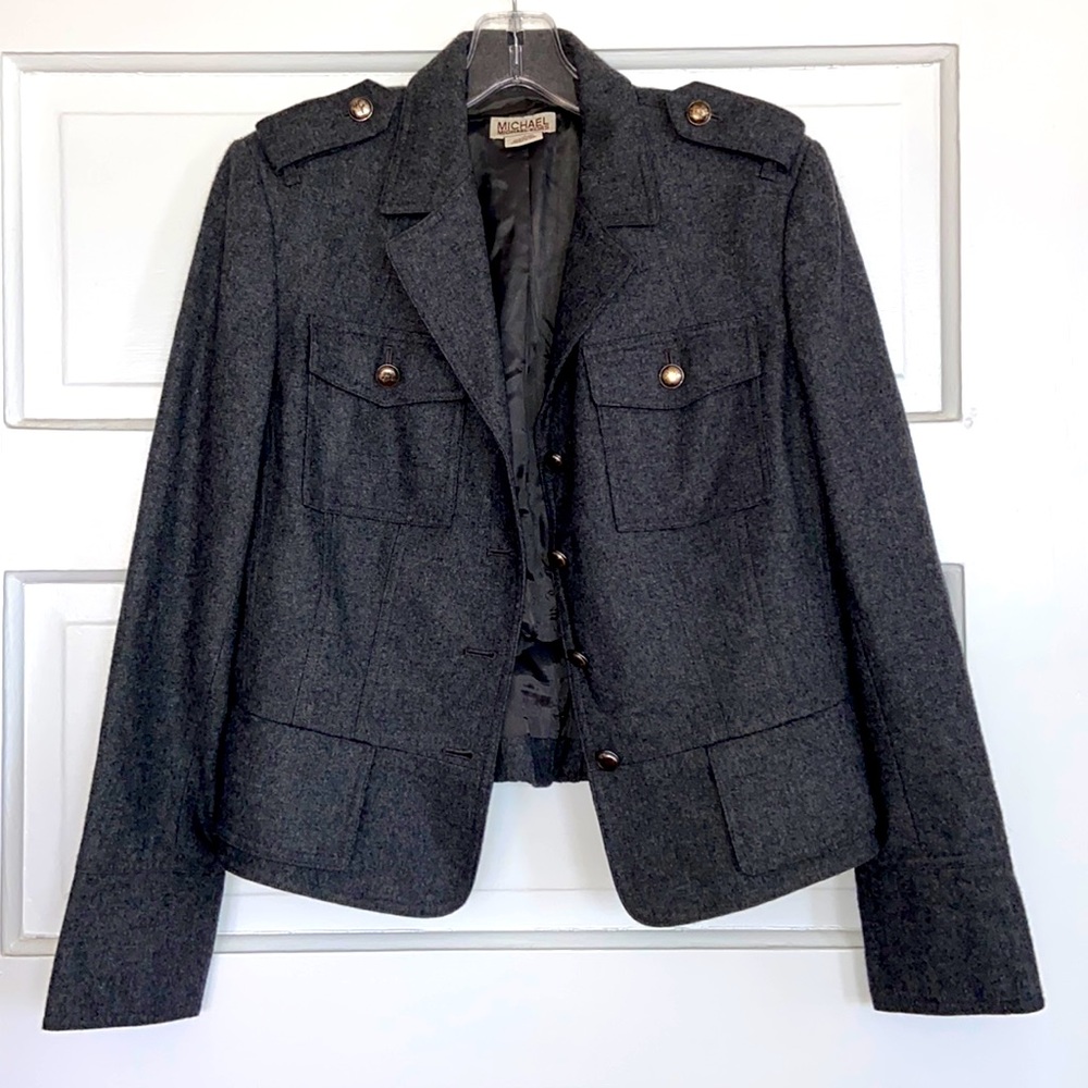 Vintage, Michael Kors, Military Style Cropped, Gray Wool Jacket, Size 12